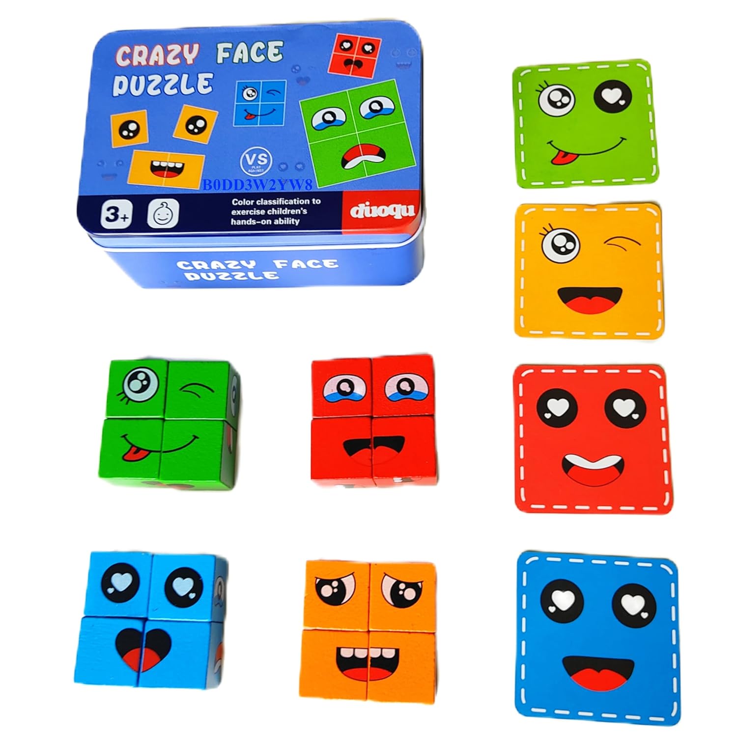 Face Changing Cube Building Blocks Puzzle, Wooden Rubik’s Cube Face Expression Toy, Educational Face Matching Family Board Game (16 Wooden Puzzles and 72 Cards)