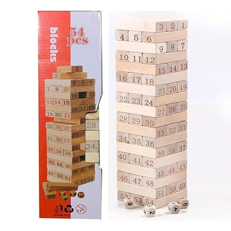 Wooden Blocks 54 Pcs Challenging Color Wooden Tumbling Tower, Toys with Dices Board Educational Puzzle Game (Multi Color)